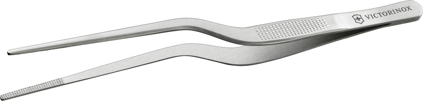 Precision cooking tweezers angled Präzisionskochpinzette abgewinkelt Precision cooking tweezers angled; 15.9x2.1 cm (LxW); silver Präzisionskochpinzette abgewinkelt; 15.9x2.1 cm (LxB); silber The Victorinox precision tweezers are a versatile professional tool for precision work in the kitchen, catering and food processing. Made from high-quality stainless steel, these tweezers impress with their precise gripping force, high stability and long-lasting quality. The finely crafted tips enable controlled and clean work, even with the smallest ingredients or delicate foods. Whether for removing fish bones, precisely placing herbs, decorations and microgreens, or for delicate preparation work – the Victorinox precision tweezers offer maximum control and professional handling. Thanks to their ergonomic shape, they sit securely in the hand and allow for fatigue-free work, even during prolonged use. The stainless steel tweezers are ideal for: * Removing fish bones * Plating up and garnishing * Placing delicate ingredients * Working with herbs and microgreens * Precision work in the kitchen and bakery * Food processing and delicatessen The stainless steel is hygienic, corrosion-resistant and particularly easy to care for. The tweezers are easy to clean and are designed for continuous professional use. With the Victorinox precision tweezers, ambitious home cooks and professionals alike gain a high-quality tool for precise kitchen work of the highest standard. Product features: * High-quality precision tweezers made from stainless steel * For the kitchen, catering and detailed work * Precise gripping tips for accurate work * Ideal for plating up and garnishing * Suitable for removing fish bones * Ergonomic shape for a secure grip * Hygienic and corrosion-resistant * Durable Victorinox quality Die Victorinox Präzisionspinzette ist ein vielseitiges Profiwerkzeug für präzise Arbeiten in Küche, Gastronomie und Lebensmittelverarbeitung. Gefertigt aus hochwertigem rostfreiem Edelstahl überzeugt die Pinzette durch exakte Greifkraft, hohe Stabilität und langlebige Qualität. Die fein gearbeiteten Spitzen ermöglichen kontrolliertes und sauberes Arbeiten selbst bei kleinsten Zutaten oder empfindlichen Lebensmitteln. Ob zum Entfernen von Fischgräten, zum präzisen Platzieren von Kräutern, Dekorationen und Microgreens oder für filigrane Vorbereitungsarbeiten – die Victorinox Präzisionspinzette bietet maximale Kontrolle und professionelles Handling. Durch ihre ergonomische Form liegt sie sicher in der Hand und ermöglicht ermüdungsarmes Arbeiten auch bei längeren Einsätzen. Die Edelstahlpinzette eignet sich hervorragend für: * Fischgräten entfernen * Anrichten und Garnieren * Platzieren feiner Zutaten * Arbeiten mit Kräutern und Microgreens * Präzisionsarbeiten in Küche und Backstube * Lebensmittelverarbeitung und Feinkost Der rostfreie Edelstahl ist hygienisch, korrosionsbeständig und besonders pflegeleicht. Die Pinzette kann problemlos gereinigt werden und ist für den professionellen Dauereinsatz ausgelegt. Mit der Victorinox Präzisionspinzette  erhalten ambitionierte Hobbyköche und Profis ein hochwertiges Werkzeug für exakte Küchenarbeiten auf höchstem Niveau. Produkteigenschaften: * Hochwertige Präzisionspinzette aus Edelstahl * Für Küche, Gastronomie und Feinarbeiten * Exakte Greifspitzen für präzises Arbeiten * Ideal zum Anrichten und Garnieren * Geeignet zum Entfernen von Fischgräten * Ergonomische Form für sicheren Halt * Hygienisch und korrosionsbeständig * Langlebige Victorinox Qualität