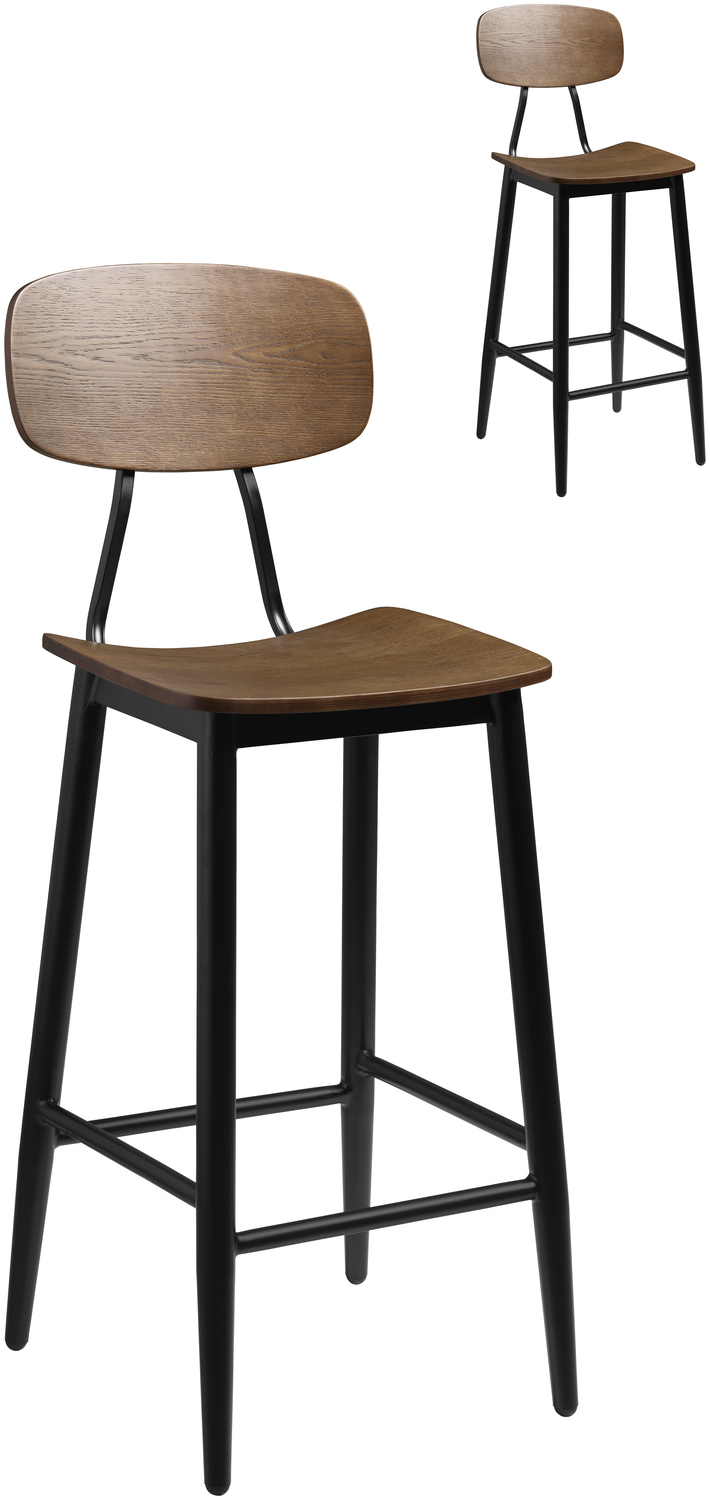 Set de 2 scaune de bar VEGA Scola, scaun din placaj de frasin si baza din otel lakerat maro antique, design industrial vintage, inaltime 115 cm, sarcina 160 kg
