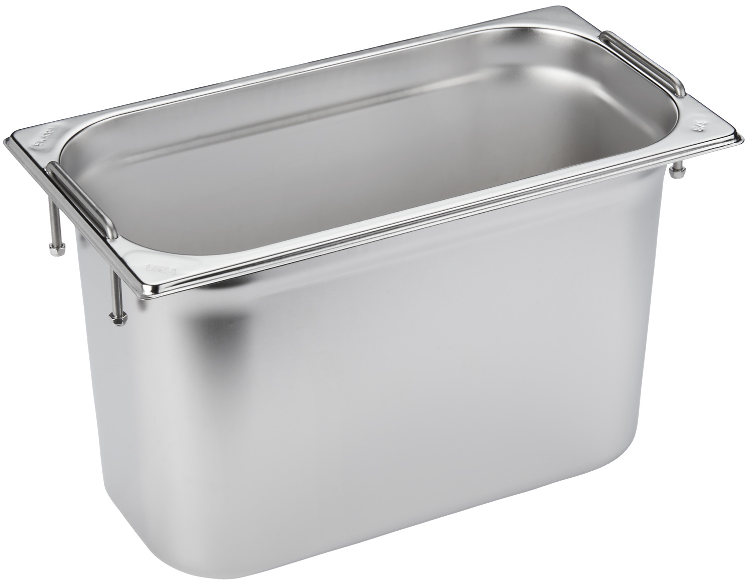 VEGA Premium GN 1/3 Container, 9 Liters, 18/10 Chrome-Nickel Stainless Steel, Drop Handle, Stacking Cams, Reinforced Corners, Silver