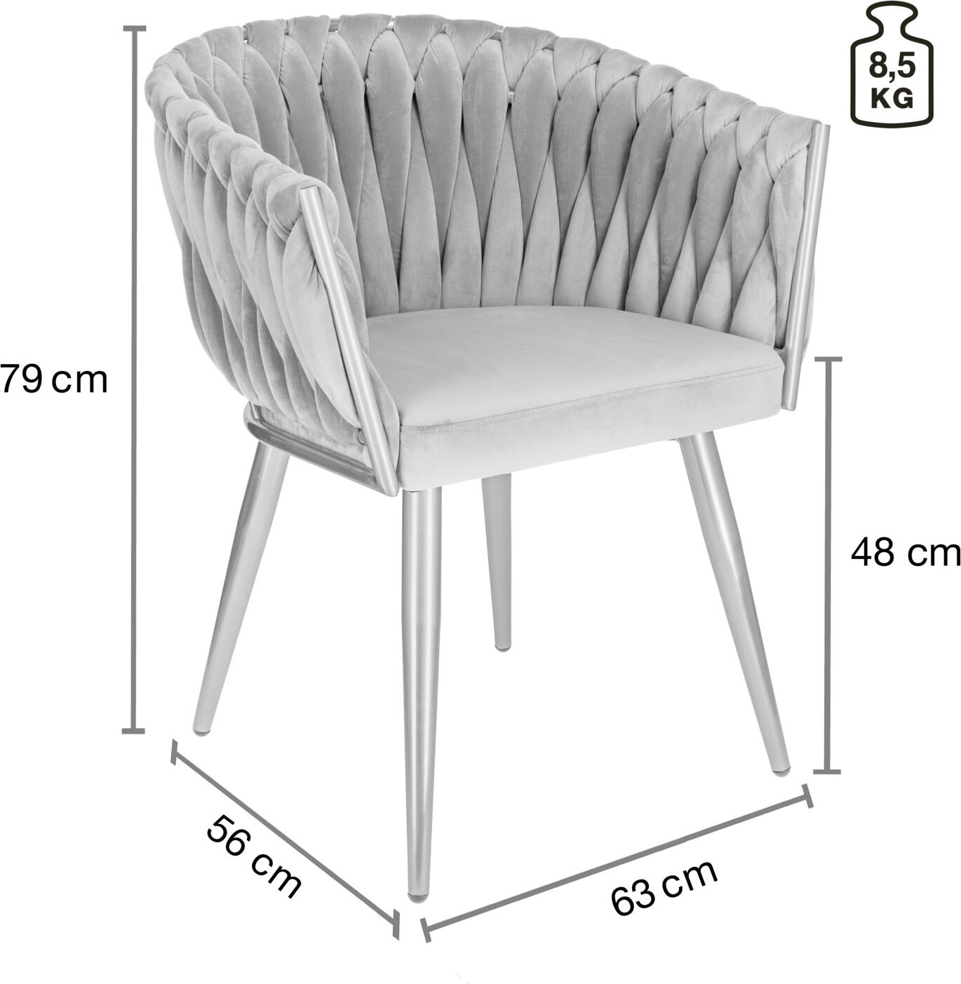 VEGA Wave Armchair, Grey Velvet Upholstery, Metal Frame, Knotted Design Armrest and Backrest, 47x48x77 cm, Fully Assembled