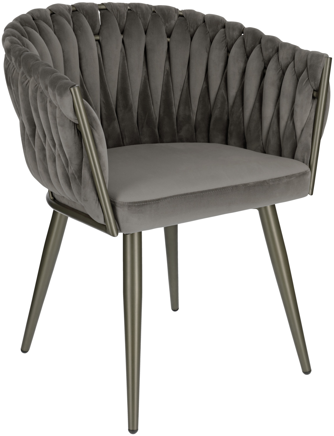 VEGA LUSINI Solutions GmbH Armchair Wave velvet Armlehnstuhl Wave Samt Armchair Wave velvet; 47x48x77 cm (WxDxH); seat grey, base grey Armlehnstuhl Wave Samt; 47x48x77 cm (BxTxH); Sitz grau, Gestell grau Luxuriously woven armrest chair with a velvet cover and a metal frame. The stylish knotted look in the armrest and backrest made of fine velvet is a real eye-catcher. The chair is fully assembled and comes with plastic glides. Luxuriös geflochtener Armlehnenstuhl aus einem Samtbezug und ein Gestell aus Metall. Ein echter Blickfang ist die stilvolle Knotenoptik in der Arm- und Rückenlehne aus feinem Samtbezug. Der Stuhl ist fertig montiert und wird inkl. Plastikgleitern geliefert.