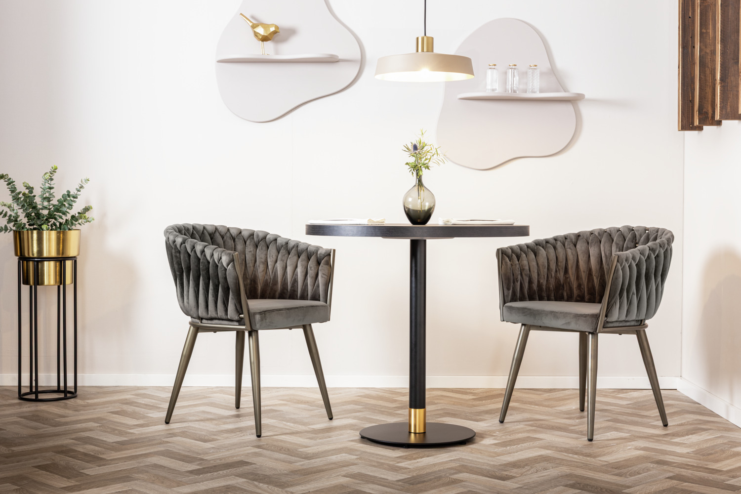 VEGA Wave Armchair, Grey Velvet Upholstery, Metal Frame, Knotted Design Armrest and Backrest, 47x48x77 cm, Fully Assembled