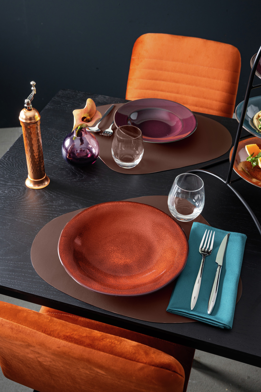 Set de 6 farfurii plate VEGA Oriento, ceramică stoneware teracota, rotunde cu margini irregulate și gradiente de culoare, diametru 27 cm