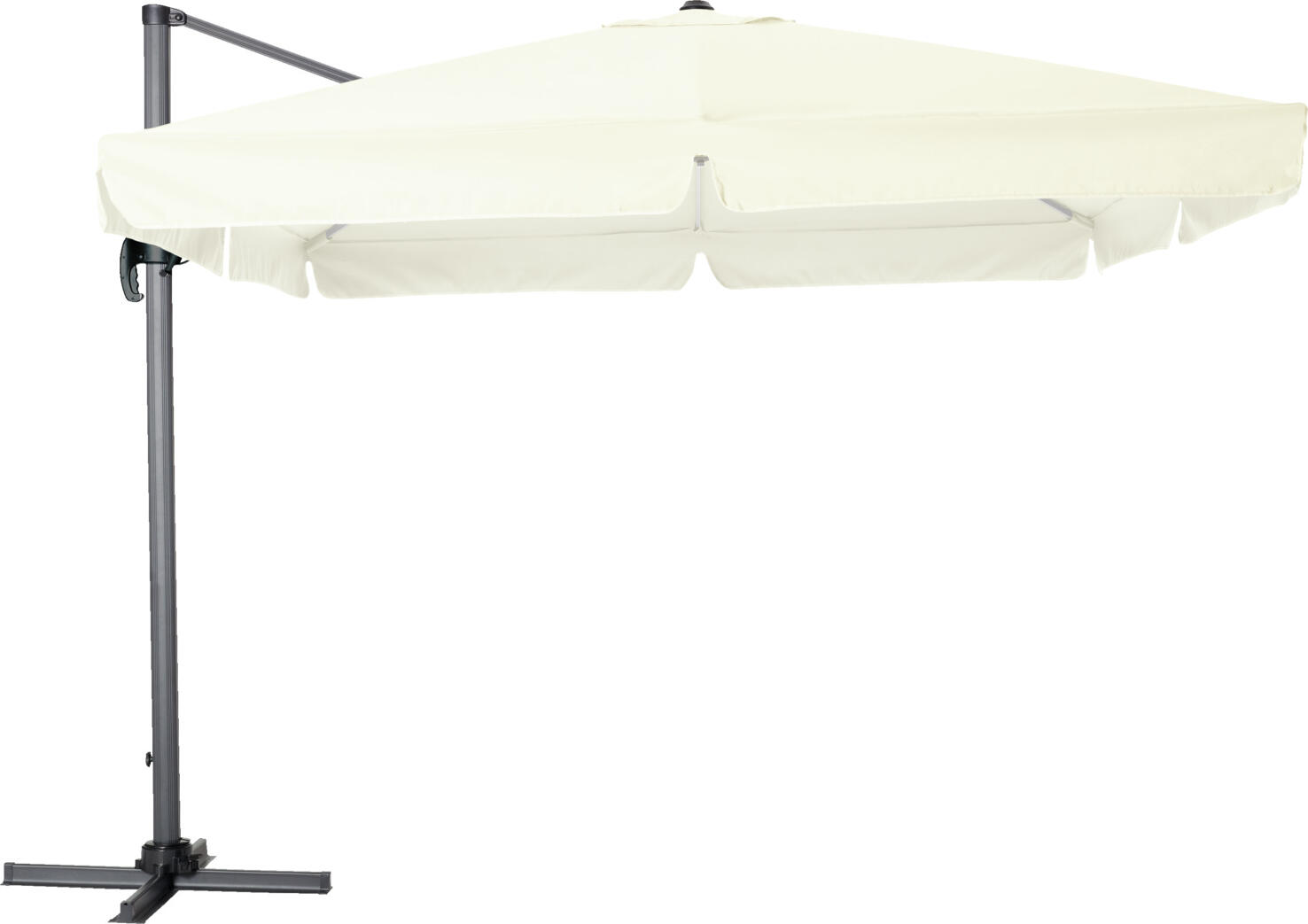 VEGA LUSINI Solutions GmbH Sunshade Breva Ampelsonnenschirm Breva Sunshade Breva; 295x295x270 cm (LxWxH); ecru; square Ampelsonnenschirm Breva; 295x295x270 cm (LxBxH); ecru; quadratisch Square sunshade made of sturdy, powder-coated aluminum frame and 100% polyester cover. * Cover with valance made of 240 g/m² * Weatherproof, lightfast, UV protection (UV radiation 50+), water-repellent * Roof surface can be rotated 360° with a foot pedal * Can be swiveled * Crank handle for easy opening and closing * Includes protective cover and plate sunshade stand (attachment with standard paving slabs 40x40 cm to 50x50 cm - not included) * Replacement cover available on request Please keep the sunshade closed in strong winds. Quadratischer Ampelsonnenschirm aus stabilem, pulverbeschichtetem Aluminiumgestell und Bespannung aus 100  % Polyester. * Bespannung mit Volant aus 240 g/m² * wetterfest, lichtecht, UV- Schutz (UV-Strahlung 50+), wasserabweisend * Dachfläche lässt sich mit Tritthebel um 360 ° drehen * schwenkbar * Kurbel für einfaches Öffnen und Schließen * inklusive Schutzhülle und Plattenschirmständer (Befestigung mit handelsüblichen Gehwegplatten 40x40 cm bis 50x50 cm - nicht enthalten) * Ersatzbespannung auf Anfrage erhältlich Bei starkem Wind den Sonnenschirm bitte geschlossen halten.
