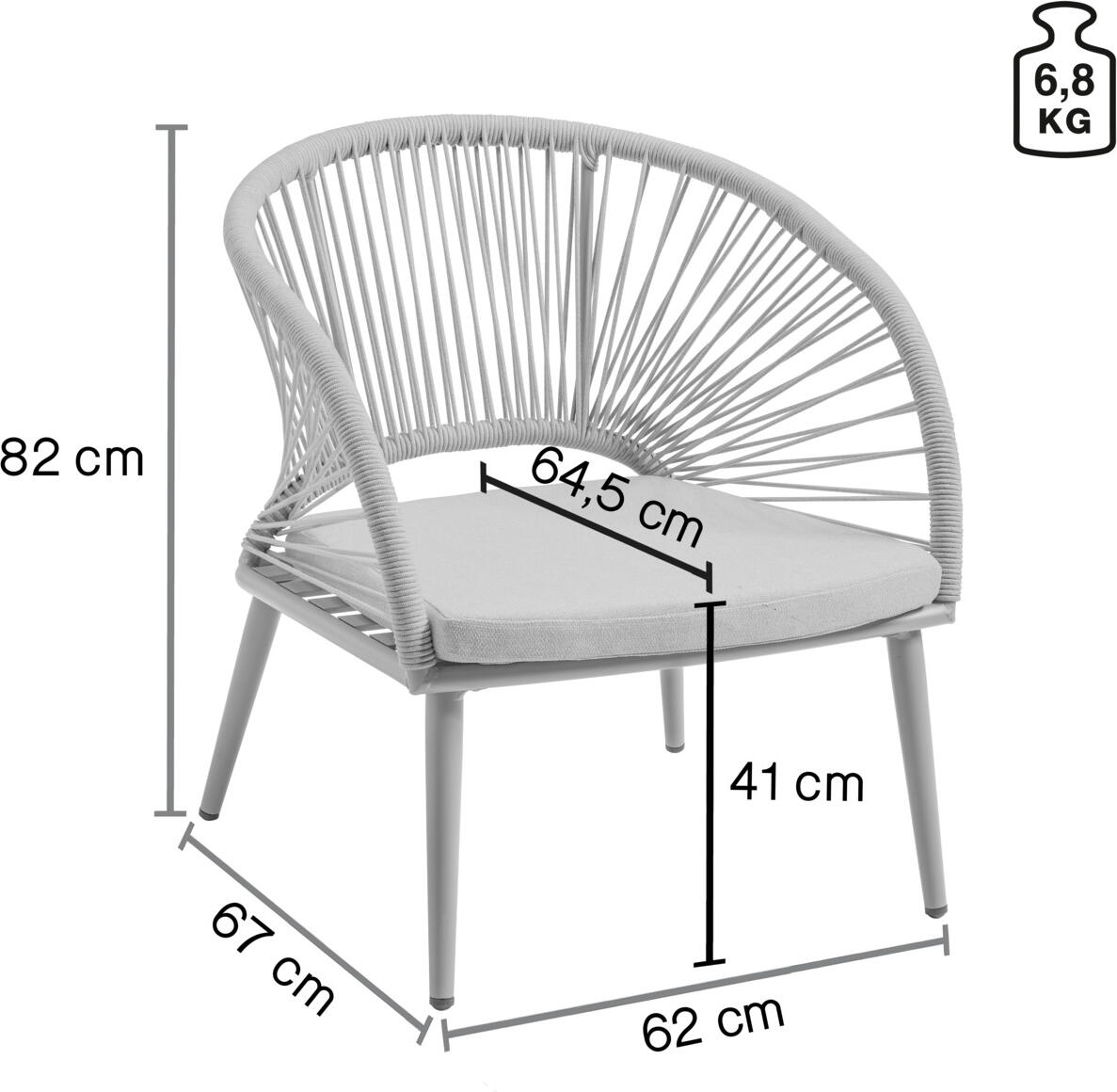 VEGA LUSINI Alcamo Outdoor Chair, Beige, Powder-Coated Aluminum Frame, Fan-Shaped Rope Wicker, Removable Olefin Fabric Cushion, 66x73x82 cm