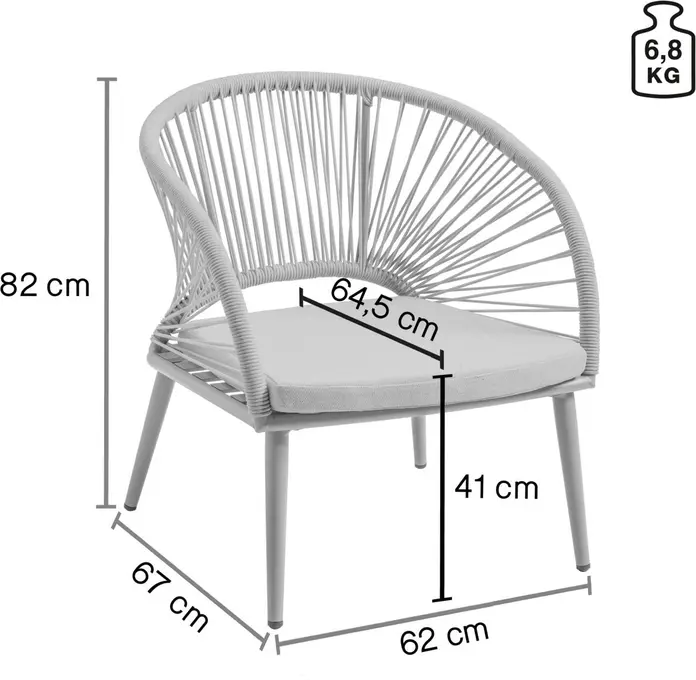 VEGA LUSINI Alcamo Outdoor Chair, Beige, Powder-Coated Aluminum Frame, Fan-Shaped Rope Wicker, Removable Olefin Fabric Cushion, 66x73x82 cm