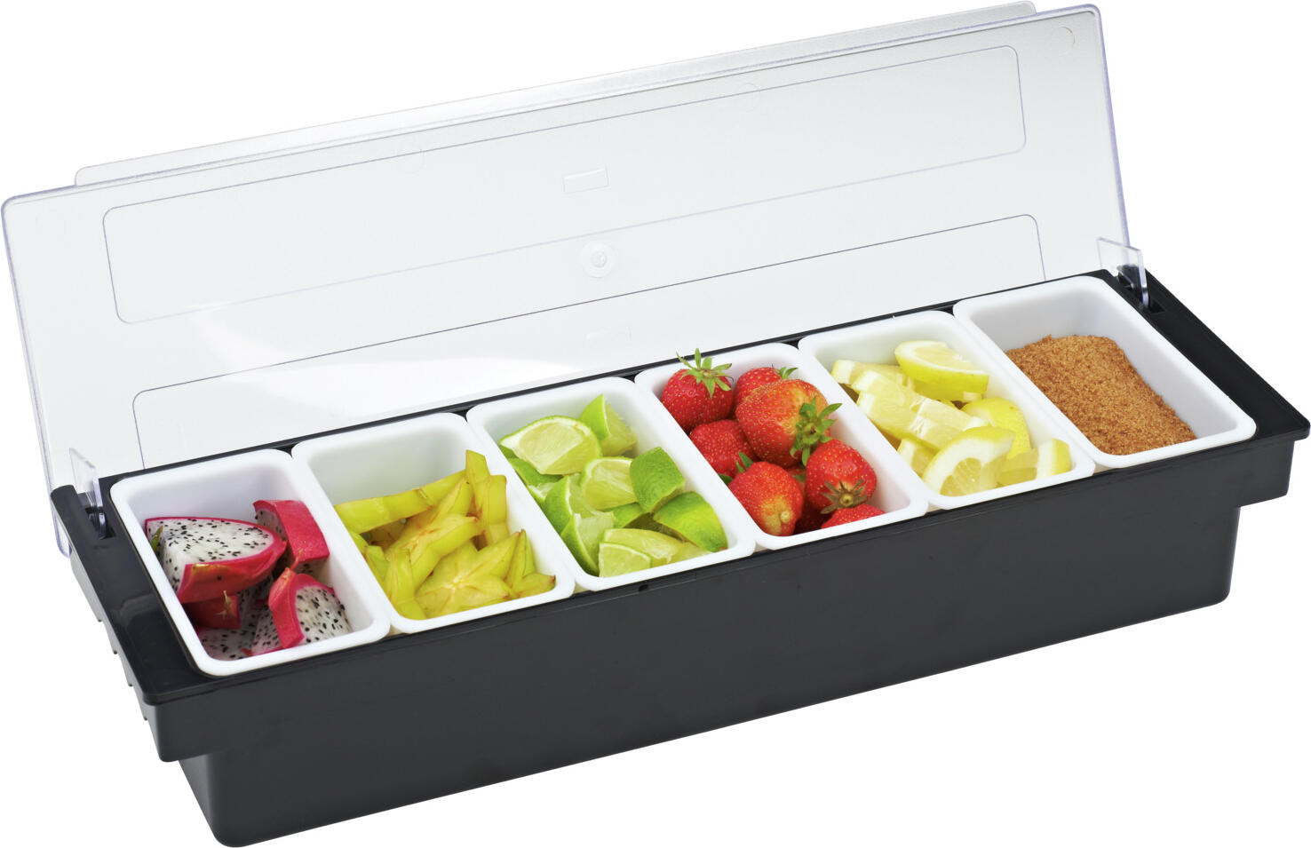 Pulsiva Ingredient Container Set of 6 Removable 450ml Bins, 2.7L Total Capacity, Plastic Food-Safe with Clear Hinged Lid, 50x16x9 cm, Dishwasher Safe
