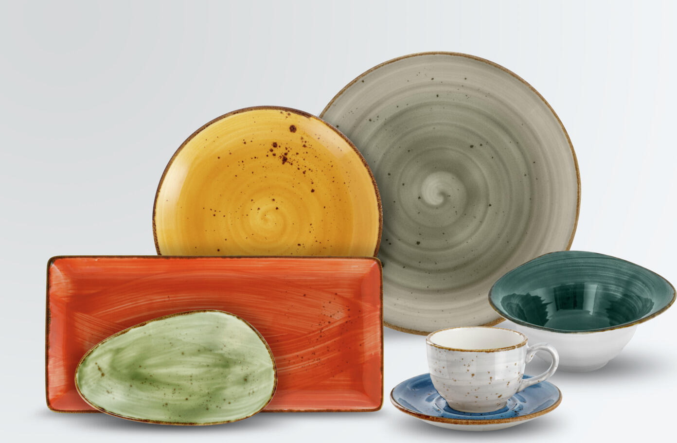Set de 3 platouri din porțelan VEGA Nebro Organic, calitate premium, aspect rustic galben, 33 x 19 x 3.5 cm, rezistente la mașina de spălat vase și cuptor cu microunde