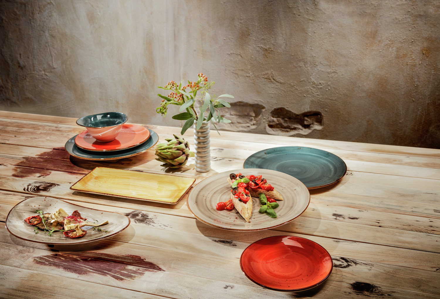 VEGA Nebro Organic Porcelain Platter Set, 6 pieces, Grey, Rustic Speckled Design with Brown Rim, 17 x 10 cm, Dishwasher and Microwave Safe