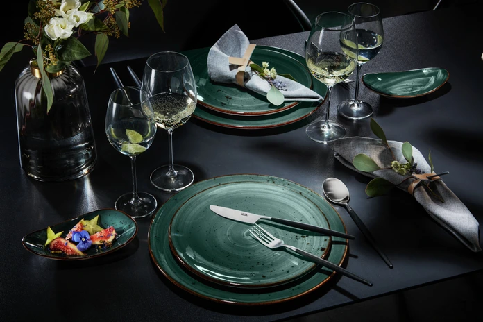 Set Platouri din Porțelan VEGA Nebro Organic, 6 piese, Albastru, Design Rustic cu Pete și Margine Maro, 17 x 10 cm, Compatibil cu Mașina de Spălat Vase și Cuptorul cu Microunde