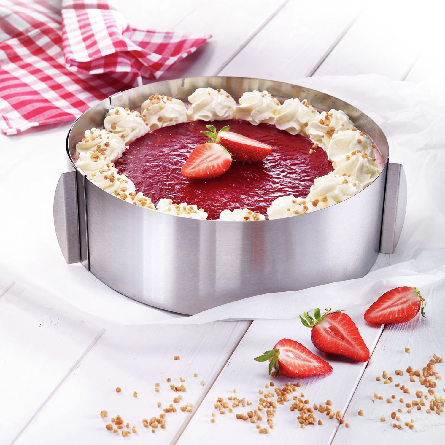 Westmark Cake Ring Classic Adjustable, Stainless Steel, 16-30 cm Diameter, 8.5 cm Height, with Integrated Scale and Handles, Silver