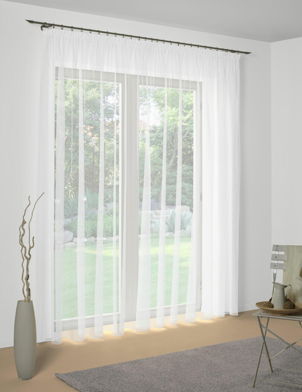Perdea Transparenta ERWIN M. LUSINI Rubin, Alb, 600x245 cm, 100% Poliester, Plisat cu Benzi, Ignifuga DIN 4102 B1, Certificare OEKO-TEX Standard 100