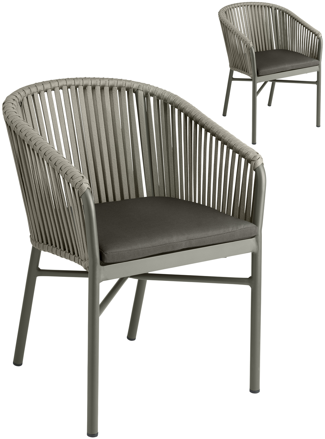 Set de 2 scaune de exterior VEGA LUSINI Esperia, culoare măslinie, cadru din aluminiu vopsit electrostatic, ratan din sfoara de 15mm, stivuibile, cu perna din material Olefin