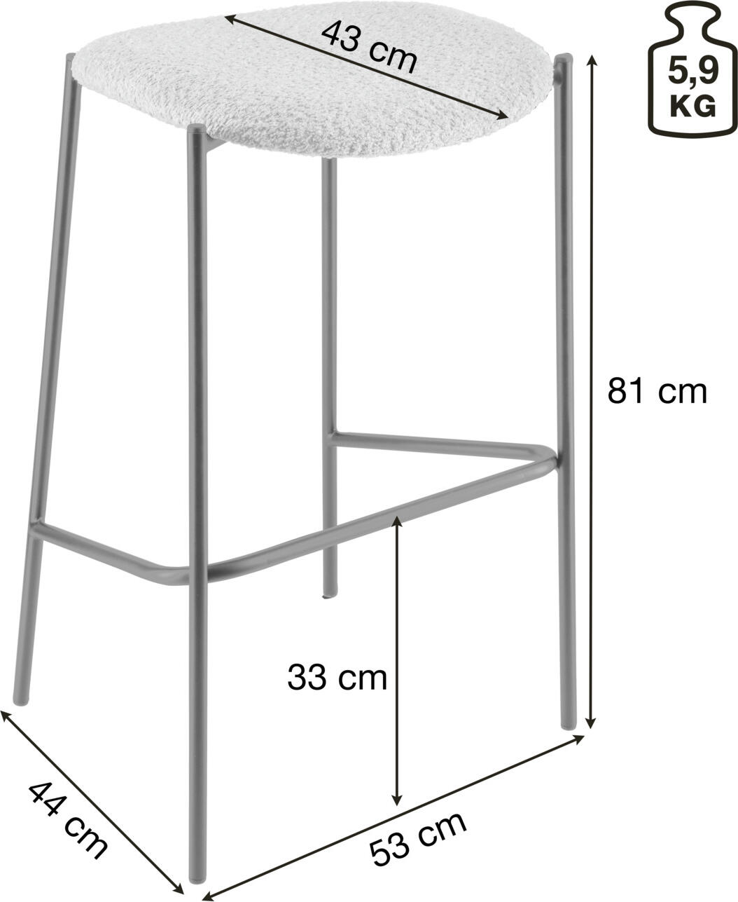 Scaun de bar VEGA Lindo Bouclé, Scaun cu material Bouclé bej, Cadru din otel vopsit electrostatic negru, 53 x 43.5 x 81 cm, fara brate