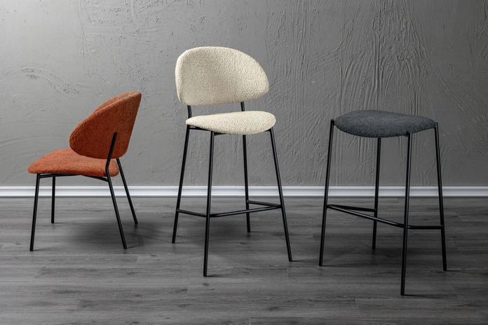 Scaun de bar VEGA Lindo Bouclé, material bouclé negru si placa de otel vopsit in praf, 50.5x54.5x110 cm, inaltime scaun 77 cm