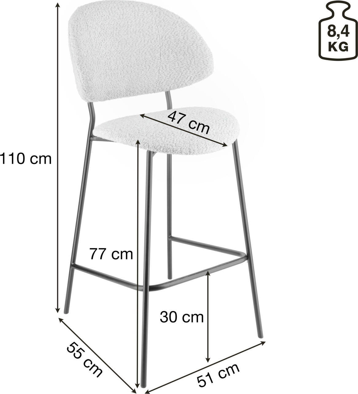 Scaun Bar VEGA Lindo Bouclé, Scaun cu Material Bouclé Bej, Cadru din Otel Vopsit Electrostatic Negru, Înălțime 110 cm, Înălțime Șezut 77 cm