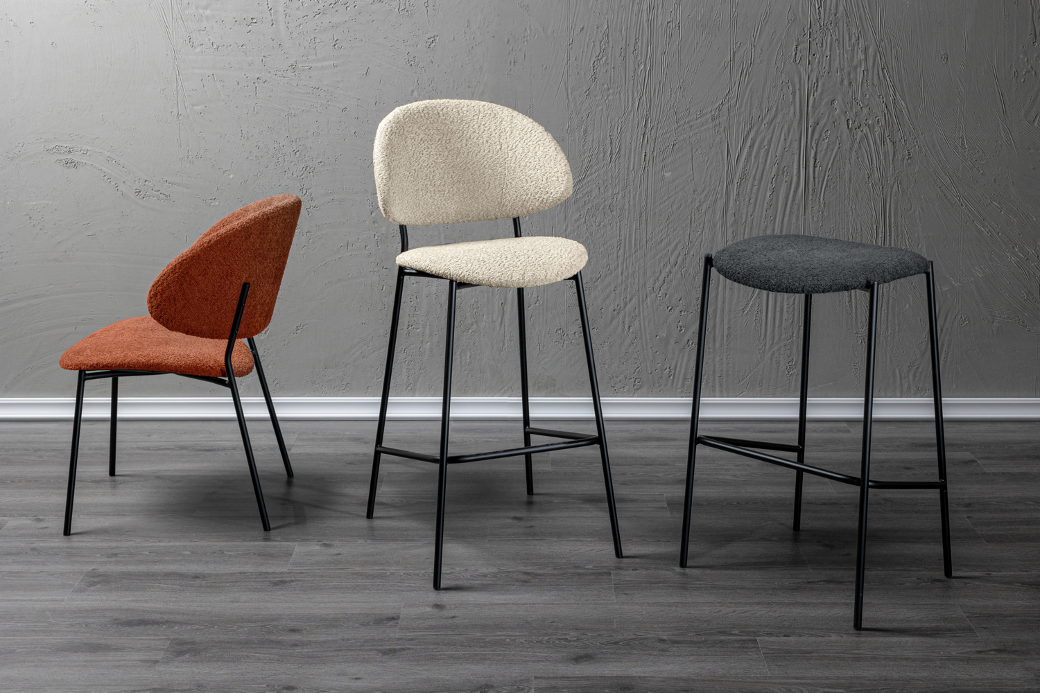 Scaun Bar VEGA Lindo Bouclé, Scaun cu Material Bouclé Bej, Cadru din Otel Vopsit Electrostatic Negru, Înălțime 110 cm, Înălțime Șezut 77 cm