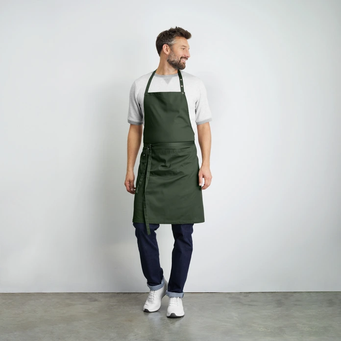Jobeline Nando Bib Apron, 88x100 cm, Dark Olive, 65% Polyester 35% Cotton, Two-Section Front Pocket, Adjustable Neckband, OEKO-TEX Standard 100