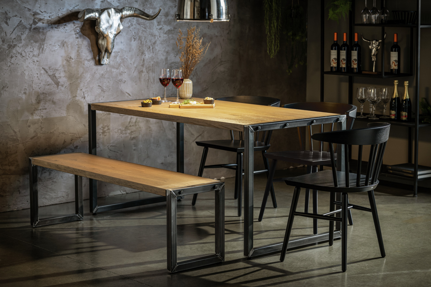 VEGA Torres Rectangular Dining Table, FSC Certified Solid Oak Wood Top, Industrial Grey Painted Steel Frame, 160x80x75 cm
