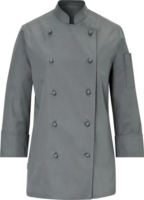 Jacketă Bucatar PULSIVA Milan pentru femei, mâneci lungi, gri, 65% poliester 35% bumbac, guler cauzat, nasturi tip bilă, OEKO-TEX Standard 100