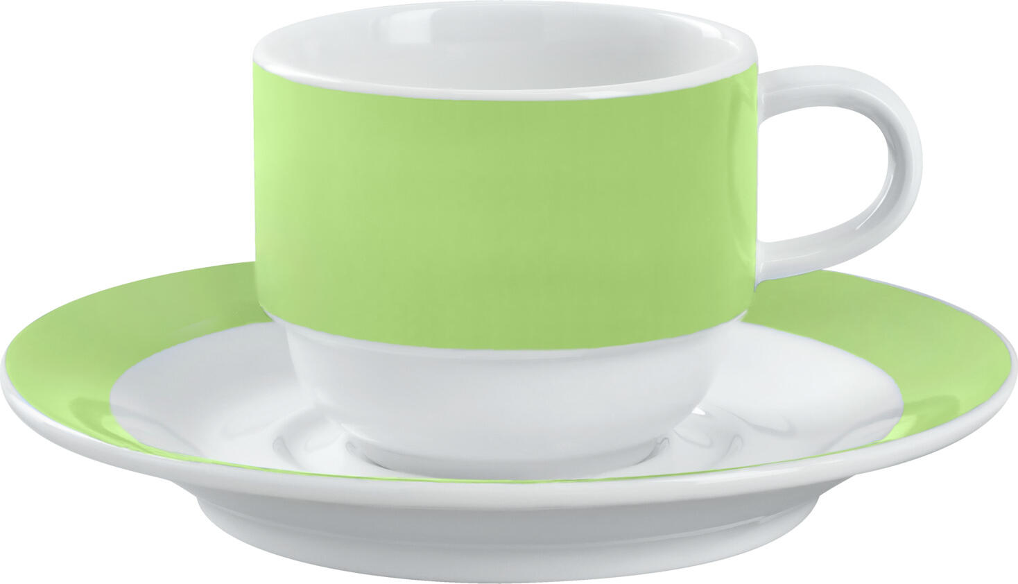 Set de 6 cești de cafea PULSIVA din porțelan alb cu bordură verde, stivuibile și robuste, sigure pentru cuptorul cu microunde și mașina de spălat vase, 160 ml