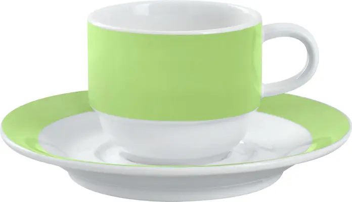 Set de 6 cești de cafea PULSIVA din porțelan alb cu bordură verde, stivuibile și robuste, sigure pentru cuptorul cu microunde și mașina de spălat vase, 160 ml
