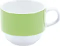 Set de 6 cești de cafea PULSIVA din porțelan alb cu bordură verde, stivuibile și robuste, sigure pentru cuptorul cu microunde și mașina de spălat vase, 160 ml