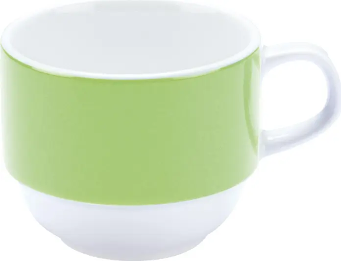 Set de 6 cești de cafea PULSIVA din porțelan alb cu bordură verde, stivuibile și robuste, sigure pentru cuptorul cu microunde și mașina de spălat vase, 160 ml