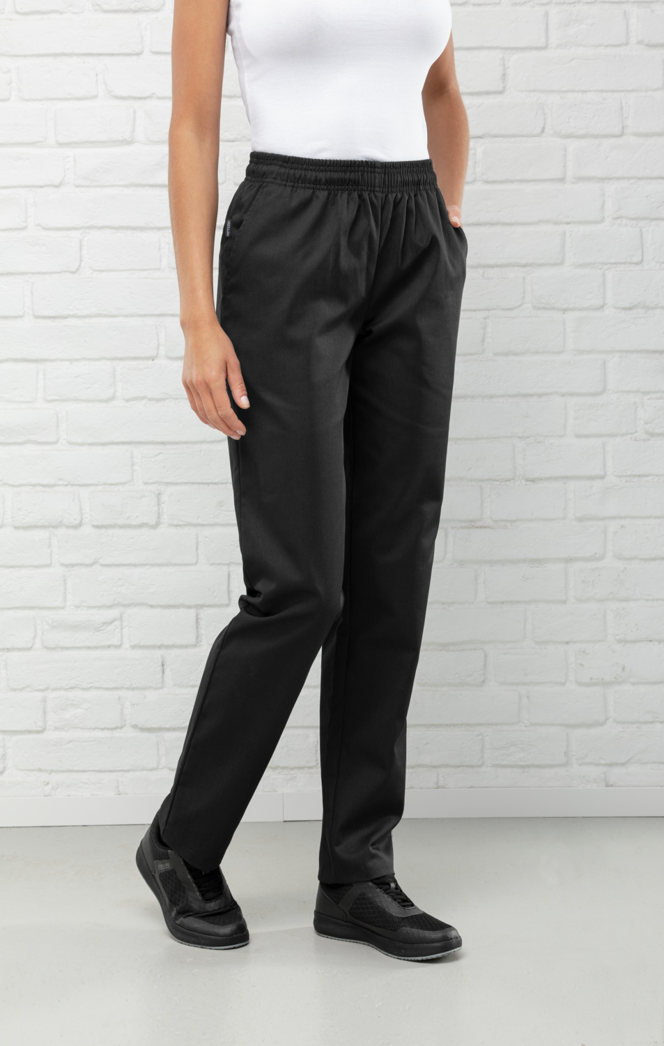 Pulsiva Liam Women's Chef Trousers, Black, 65% Polyester 35% Cotton, Straight Cut with Elastic Waistband and 4 Pockets, 200 g/m², Size 36