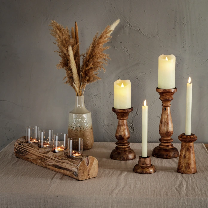Suport de lumânari Vega Akima, Lemn și Sticlă, Maro, Set de 4 cilindri de sticlă pentru lumânări tealight, 48 x 10 x 10.7 cm