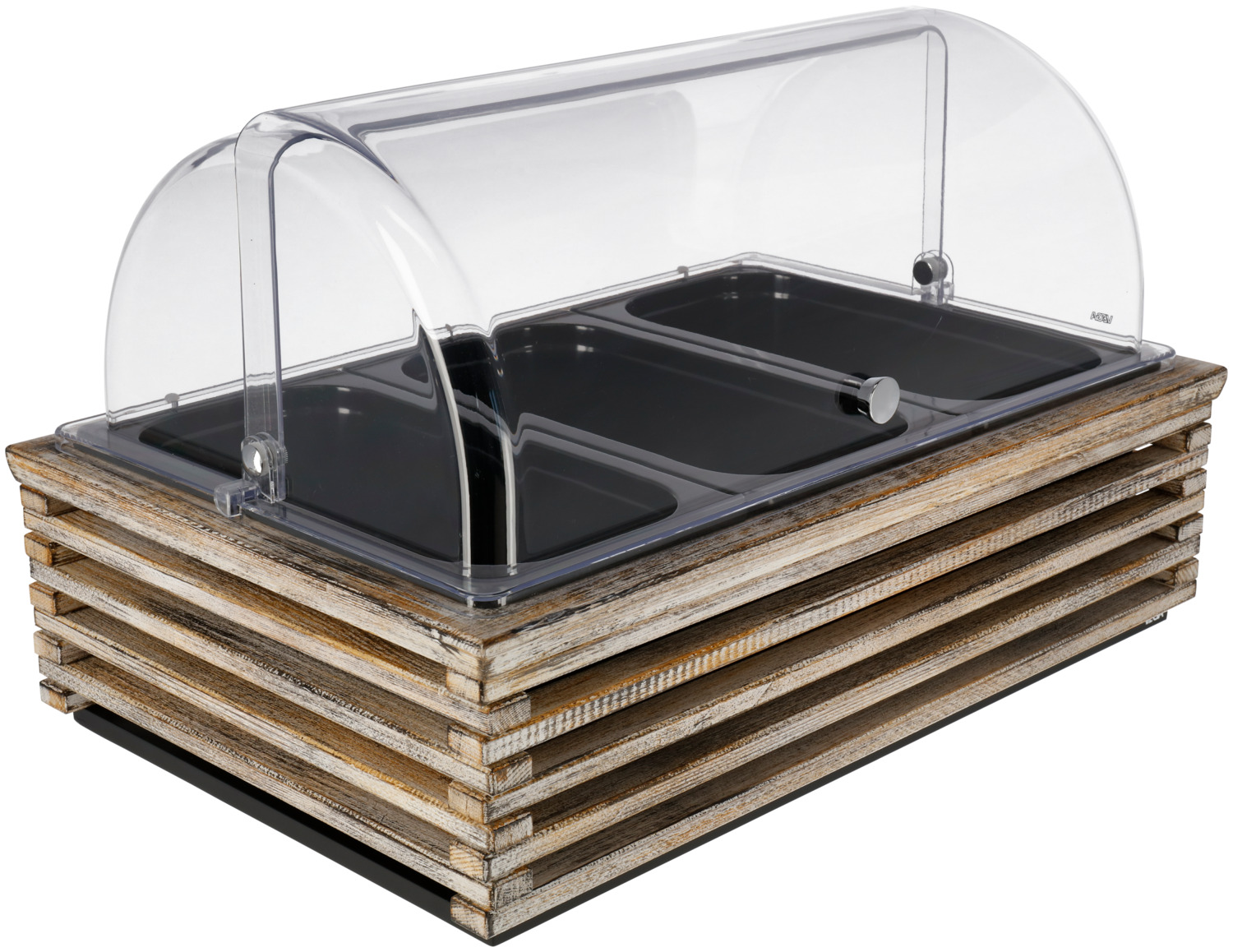 VEGA LUSINI Solutions GmbH Buffet display cabinet Natchez high, 10 cm, 3x GN 1/3, melam Buffetvitrine Natchez hoch, 10 cm, 3x GN 1/3, Melamin Buffet display cabinet Natchez high, 10 cm, 3x GN 1/3, melamine; GN 1/1, 57.5x37x27.7 cm (LxWxH); vintage white/transparent/white; rectangular Buffetvitrine Natchez hoch, 10 cm, 3x GN 1/3, Melamin; GN 1/1, 57.5x37x27.7 cm (LxBxH); vintage weiß/transparent/weiß; rechteckig The set consists of the buffet box made of solid wood, a base container made of high-quality plastic with a heat resistance of up to 70 °C, the matching cold pack made of polyethylene, 3x the black, 10 cm deep, stackable, shock and break-proof GN container 1/3 made of melamine (range of application: -30 °C to +70 °C) and the break-proof roll-top cover Sturgis made of high-quality tritan (bisphenol A-free) with non-slip stop rubber coating for quiet opening and closing. The GN container is dishwasher safe, all other parts are not. Kühlvitrine besteht aus der Grundbox in Massivholz, einer Basisschale aus hochwertigem Kunststoff mit einer Hitzebeständigkeit bis 70 °C, dem passenden Kühlakku aus Polyethylen, 3x dem schwarzen, 10 cm tiefen, stapelbaren, stoß- und bruchfesten GN-Behälter 1/3 aus Melamin (Einsatzbereich: -30 °C bis +70 °C) und der bruchsicheren Rolltophaube Sturgis aus hochwertigem Tritan (Bisphenol A -frei) mit rutschfester Anschlagsgummierung für leises Öffnen und Schließen. Der GN-Behälter ist spülmaschinenfest, alle anderen Teile nicht.