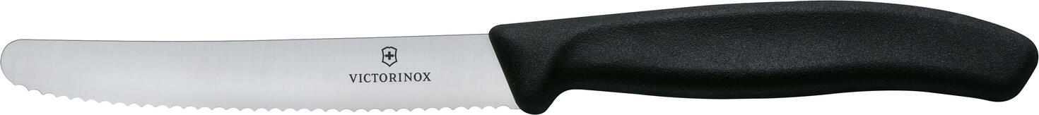 Victorinox Victorinox AG Tomato and table knife Swiss Classic waves Tomaten- und Tafelmesser Swiss Classic Wellen Tomato and table knife Swiss Classic waves; Blade length 11 cm, 22 cm (L); silver/black Tomaten- und Tafelmesser Swiss Classic Wellen; Klingenlänge 11 cm, 22 cm (L); silber/schwarz SWISS CLASSIC COLORFUL TOOLS FOR EVERY APPLICATION - Light, agile and colorful knives from Switzerland - Ergonomically shaped handles for effortless work - Dishwasher-safe stainless steel blades When developing the Victorinox Swiss Classic collection, no kitchen task, no matter how small or large, was overlooked. Made in Switzerland from high-quality stainless steel, the knives are easy to hold and dishwasher-safe. A selection of colorful handles brings color to the kitchen. The collection also offers practical knife blocks and gift sets. Who said that functionality can't be fun? There's nothing that this versatile collection doesn't have. Material handle: Polypropylene has good strength, rigidity and hardness. It can be sterilized and can withstand temperatures of up to 100°C. SWISS CLASSIC FARBENFROHE WERKZEUGE FÜR JEDE ANWENDUNG - Leichte, wendige und farbenfrohe Messer aus der Schweiz - Ergonomisch geformte Griffe für müheloses Arbeiten - Spülmaschinengeeignete Klingen aus rostfreiem Stahl Bei der Entwicklung der Victorinox Swiss Classic Kollektion wurde keine noch so kleine oder große Küchenaufgabe außer Acht gelassen. Die in der Schweiz gefertigten Messer aus hochwertigem rostfreien Stahl liegen leicht in der Hand und sind spülmaschinengeeignet. Eine Auswahl an bunten Griffen bringt Farbe in die Küche. Zusätzlich bietet die Kollektion praktische Messerblöcke und Geschenksets. Wer hat gesagt, dass Funktionalität nicht auch Spaß machen kann? Es gibt nichts, was es in dieser vielseitigen Kollektion nicht gibt. Material Griff: Polypropylen hat eine gute Festigkeit, Steifigkeit und Härte. Es kann sterilisiert werden und hält Temperaturen von bis zu 100 °C stand.