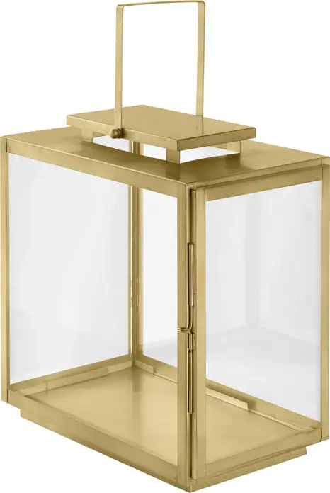 Lanternă VEGA Abella, Rame Metalice Aurii cu Panouri de Sticlă, Design Rectangular cu Mâner și Ușă Laterală, 40 x 23 x 38 cm