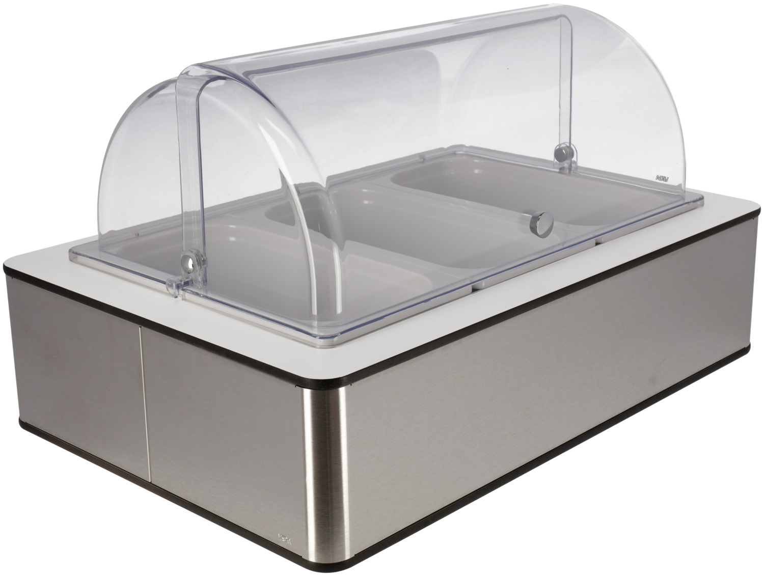 VEGA LUSINI Solutions GmbH Buffet display cabinet Fundale high, 10 cm, 3x GN 1/3, melam Buffetvitrine Fundale hoch, 10 cm, 3x GN 1/3, Melamin weiß Buffet display cabinet Fundale high, 10 cm, 3x GN 1/3, melamine white; GN 1/1, 63x42.5x33.9 cm (LxWxH); stainless steel/white/transparent; rectangular Buffetvitrine Fundale hoch, 10 cm, 3x GN 1/3, Melamin weiß; GN 1/1, 63x42.5x33.9 cm (LxBxH); edelstahl/weiß/transparent; rechteckig This buffet display cabinet made of brushed 18/10 stainless steel with laminate panel combines high-quality materials, durable workmanship and elegant design. It is ideal for buffets, catering, gastronomy and events and ensures that food and drinks are presented stylishly, hygienically and reliably chilled. The base tray made of high-quality plastic is heat-resistant up to 70 °C and provides a stable, secure foundation. The polyethylene ice pack ensures long-lasting cooling and keeps food and drinks fresh, guaranteeing professional use in the catering trade. Three white GN containers 1/3 made of melamine with a depth of 10 cm are stackable, impact-resistant, break-proof and dishwasher-safe. They are suitable for temperatures from -30 °C to +70 °C and allow flexible use in everyday catering. The shatterproof Tritan (BPA-free) roll-top lid has a non-slip rubberised stop that guarantees quiet and convenient opening and closing. This keeps the refrigerated display case user-friendly, hygienic and durable. Advantages and features: * High-quality 18/10 stainless steel construction with laminate panel * Plastic base tray, heat-resistant up to 70 °C * Polyethylene ice pack for long-lasting cooling * 3x white GN containers 1/3 made of melamine, 10 cm deep, stackable, impact and break-resistant, dishwasher-safe, suitable for -30 °C to +70 °C * Shatterproof roll-top lid made of Tritan (BPA-free) with non-slip rubberised stopper * Hygienic, durable, easy to clean * Ideal for buffets, catering, gastronomy and events Diese Buffetvitrine aus gebürstetem Edelstahl 18/10 mit Laminatblende verbindet hochwertige Materialien, langlebige Verarbeitung und elegantes Design. Sie ist ideal für Buffets, Catering, Gastronomie und Veranstaltungen und sorgt dafür, dass Speisen und Getränke stilvoll, hygienisch und zuverlässig gekühlt präsentiert werden. Die Basisschale aus hochwertigem Kunststoff ist hitzebeständig bis 70?°C und bietet eine stabile, sichere Grundlage. Der Kühlakku aus Polyethylen sorgt für eine langanhaltende Kühlung und hält Speisen und Getränke frisch, sodass ein professioneller Einsatz im Gastronomiebetrieb gewährleistet ist. Drei weiße GN-Behälter 1/3 aus Melamin mit 10?cm Tiefe sind stapelbar, stoß- und bruchfest sowie spülmaschinenfest. Sie eignen sich für Temperaturen von -30?°C bis +70?°C und ermöglichen eine flexible Nutzung im täglichen Einsatz. Die bruchsichere Rolltophaube aus Tritan (BPA-frei) verfügt über eine rutschfeste Anschlagsgummierung, die ein leises und komfortables Öffnen und Schließen garantiert. So bleibt die Kühlvitrine benutzerfreundlich, hygienisch und langlebig. Vorteile und Eigenschaften: * Hochwertiger Aufbau aus Edelstahl 18/10 mit Laminatblende * Basisschale aus Kunststoff, hitzebeständig bis 70?°C * Kühlakku aus Polyethylen für langanhaltende Kühlung * 3x weiße GN-Behälter 1/3 aus Melamin, 10?cm tief, stapelbar, stoß- und bruchfest, spülmaschinenfest, geeignet für -30?°C bis +70?°C * Bruchsichere Rolltophaube aus Tritan (BPA-frei) mit rutschfester Anschlagsgummierung * Hygienisch, langlebig, pflegeleicht * Ideal für Buffets, Catering, Gastronomie und Events