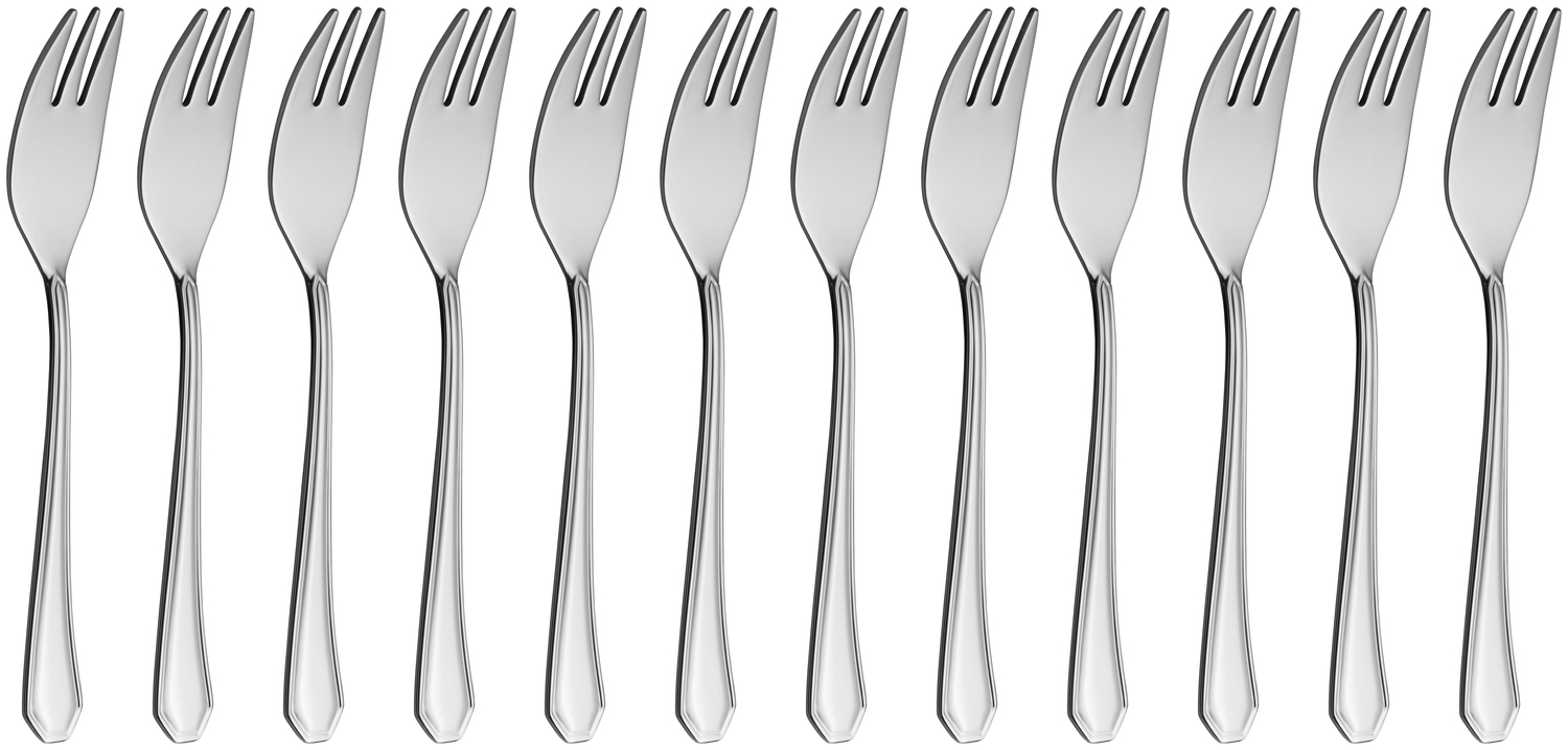 Set de 12 piese furculite pentru tort VEGA Tunis, otel inoxidabil 18/10 crom-nichel, finisaj oglindit, design clasic cu relief, 14.5 cm, argintiu