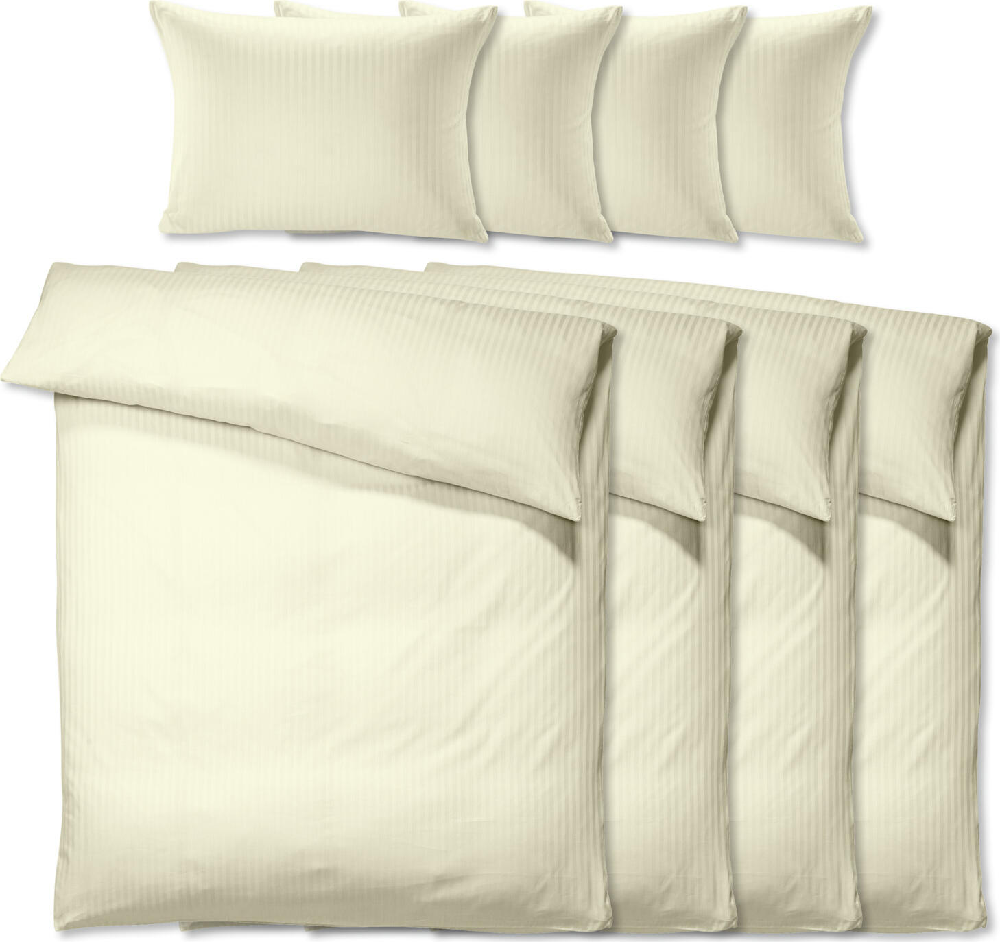 PULSIVA LUSINI Solutions GmbH Value pack bed set Satina 10 mm Sparpack Bettgarnitur Satina 10 mm Value pack bed set Satina 10 mm; 160x210 cm (WxL), 65x100 cm (LxW); champagne; 4 set / pack Sparpack Bettgarnitur Satina 10 mm; 160x210 cm (BxL), 65x100 cm (LxB); champagner; 4 Set(s) / Pack 100% cotton. Weight approx. 120 g/m². Classic bed linen with classic stripe design (10 mm). With hotel closure. Fits after the first wash. Thread Count (TC) -thread density: 207 threads per inch. Weave: Satin 100 % Baumwolle. Gewicht ca. 120 g/m². Klassische Bettwäsche mit klassischem Streifen-Design (10 mm breit). Mit Hotelverschluss. Passt nach der ersten Wäsche. Thread Count (TC) -Fadendichte: 207 Fäden je Inch Webart: Satin