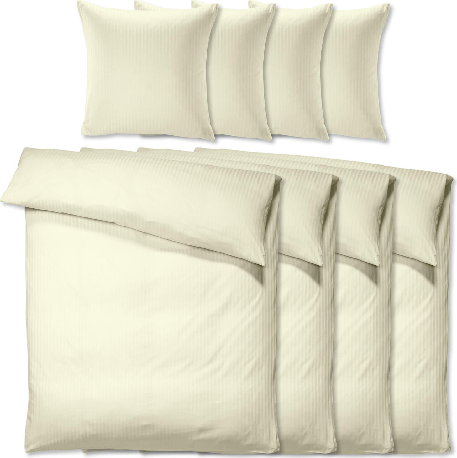 PULSIVA LUSINI Solutions GmbH Value pack bed set Satina 10 mm Sparpack Bettgarnitur Satina 10 mm Value pack bed set Satina 10 mm; 155x220 cm (WxL), 80x80 cm (LxW); champagne; 4 set / pack Sparpack Bettgarnitur Satina 10 mm; 155x220 cm (BxL), 80x80 cm (LxB); champagner; 4 Set(s) / Pack 100% cotton. Weight approx. 120 g/m². Classic bed linen with classic stripe design (10 mm). With hotel closure. Fits after the first wash. Thread Count (TC) -thread density: 207 threads per inch. Weave: Satin 100 % Baumwolle. Gewicht ca. 120 g/m². Klassische Bettwäsche mit klassischem Streifen-Design (10 mm breit). Mit Hotelverschluss. Passt nach der ersten Wäsche. Thread Count (TC) -Fadendichte: 207 Fäden je Inch Webart: Satin