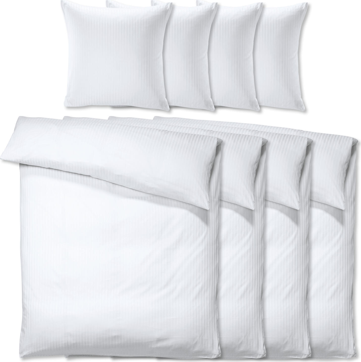 PULSIVA LUSINI Solutions GmbH Value pack bed set Satina 10 mm Sparpack Bettgarnitur Satina 10 mm Value pack bed set Satina 10 mm; 155x220 cm (WxL), 80x80 cm (LxW); white; 4 set / pack Sparpack Bettgarnitur Satina 10 mm; 155x220 cm (BxL), 80x80 cm (LxB); weiß; 4 Set(s) / Pack 100% cotton. Weight approx. 120 g/m². Classic bed linen with classic stripe design (10 mm). With hotel closure. Fits after the first wash. Thread Count (TC) -thread density: 207 threads per inch. Weave: Satin 100 % Baumwolle. Gewicht ca. 120 g/m². Klassische Bettwäsche mit klassischem Streifen-Design (10 mm breit). Mit Hotelverschluss. Passt nach der ersten Wäsche. Thread Count (TC) -Fadendichte: 207 Fäden je Inch Webart: Satin