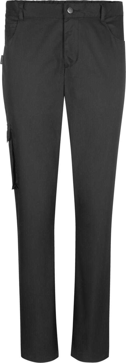 JOBELINE LUSINI Solutions GmbH Women's chef trousers Avito Damen Kochhose Avito Women's chef trousers Avito; Size 44; black Damen Kochhose Avito; Kleidergröße 44; schwarz 65 % polyester, 35 % cotton. 240 g/m². 60 °C wash. Classic, comfortable women's chef trousers made of skin-friendly, stain-resistant material. Back part with one back pocket and comfortable stretch waistband, on the side with two round slit pockets and on the right thigh with thermometer pocket. At the waistband are belt loops. Straight cut with high waistband. Inside leg length: 80 cm for size 36. 65 % Polyester, 35 % Baumwolle. 245 g/m². 60°-Wäsche. Klassische, komfortable Damenkochhose aus hautfreundlichem, schmutzresistentem Material. Rückenteil mit einer Gesäßtasche und bequemen Dehnbund, seitlich mit zwei runden Einschubtaschen und am rechten Oberschenkel mit Thermometertasche. Am Bund befinden sich Gürtelschlaufen.Gerader Schnitt mit hohem Bund. Innenbeinlänge: 80 cm in Gr 36.