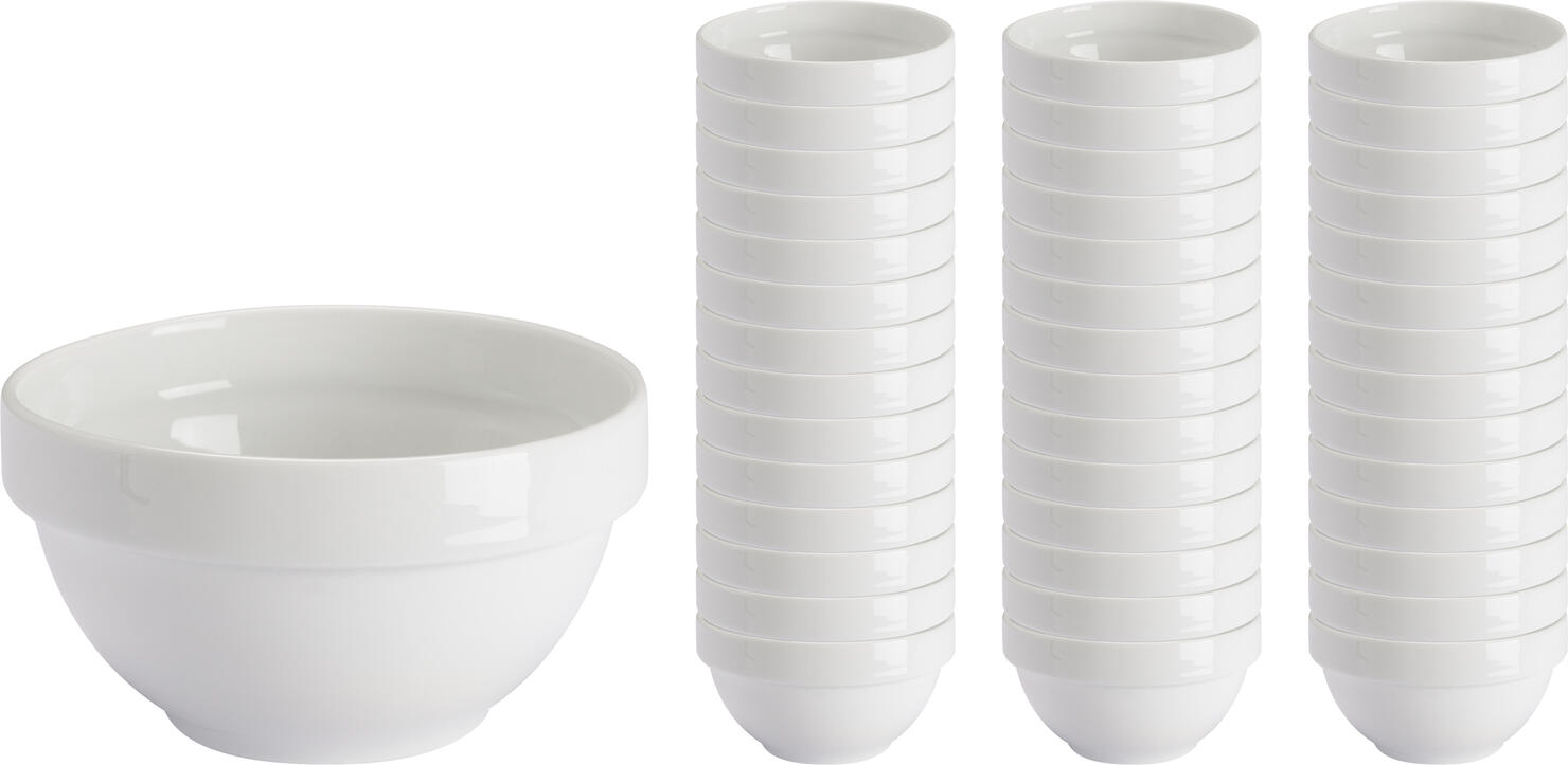 PULSIVA Sao Paulo Porcelain Bowls, White, 90 ml, 8 cm Diameter, Stackable, Microwave and Dishwasher Safe, Set of 42 Pieces