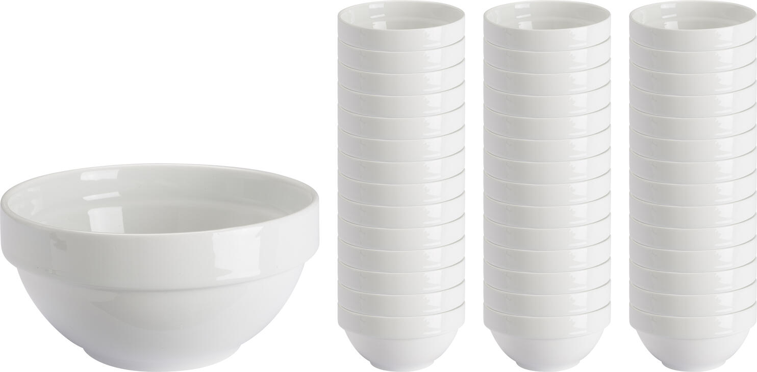PULSIVA Sao Paulo White Porcelain Bowls, 350ml, 12cm Diameter, Stackable, Microwave and Dishwasher Safe, Set of 42 pieces