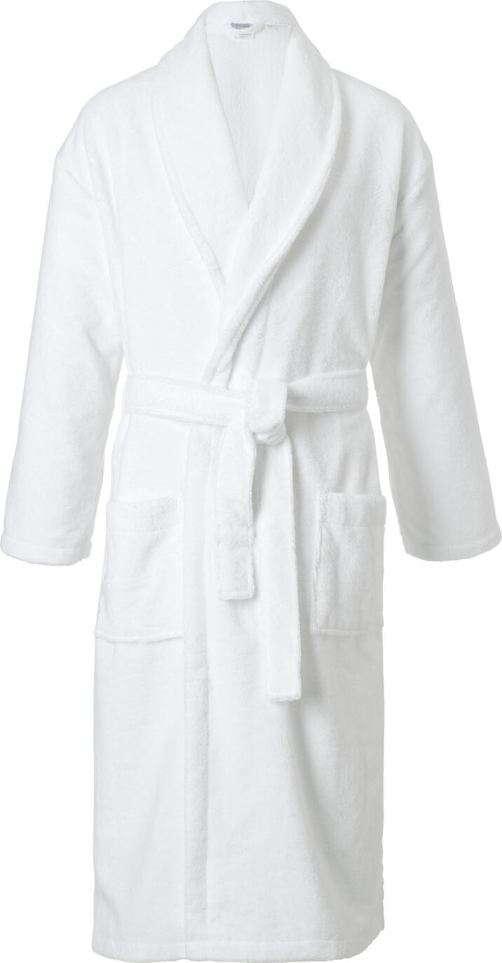 ERWIN M. LUSINI Solutions GmbH Bathrobe Miron Bademantel Miron Bathrobe Miron; Size S/M; white Bademantel Miron; Kleidergröße S/M; weiß 100% polyester. Weight approx. 320 g/m². Soft microfiber bathrobe in modern raglan cut with shawl collar and practical patch pockets. Super fast drying and very light wearing comfort. Delivery incl. bathrobe belt. 100 % Polyester. Gewicht ca. 320 g/m². Weicher Microfaser-Bademantel in modernem Raglanschnitt mit Schalkragen und praktischen, aufgesetzten Taschen. Super schnell trocknend und sehr leichter Tragekomfort. Lieferung inkl. Bademantelgürtel.