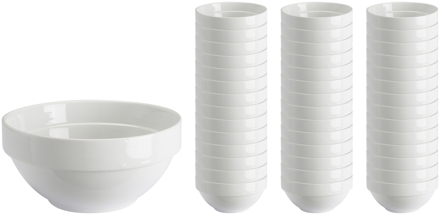 PULSIVA LUSINI Solutions GmbH Value pack porcelain bowl Sao Paulo 42 pieces Vorteilspack Porzellan-Schüssel Sao Paulo 42-teilig Value pack porcelain bowl Sao Paulo 42 pieces; 450 ml, 14x6.5 cm (ØxH); white; round; 42 piece / pack Vorteilspack Porzellan-Schüssel Sao Paulo 42-teilig; 450 ml, 14x6.5 cm (ØxH); weiß; rund; 42 Stück / Pack Simple white porcelain bowl in classic round shape. Stackable, microwaveable and dishwasher safe. Weiße Schale aus Porzellan. Klassische Form in verschiedenen Größen. Spülmaschinenfest und mikrowellengeeignet.
