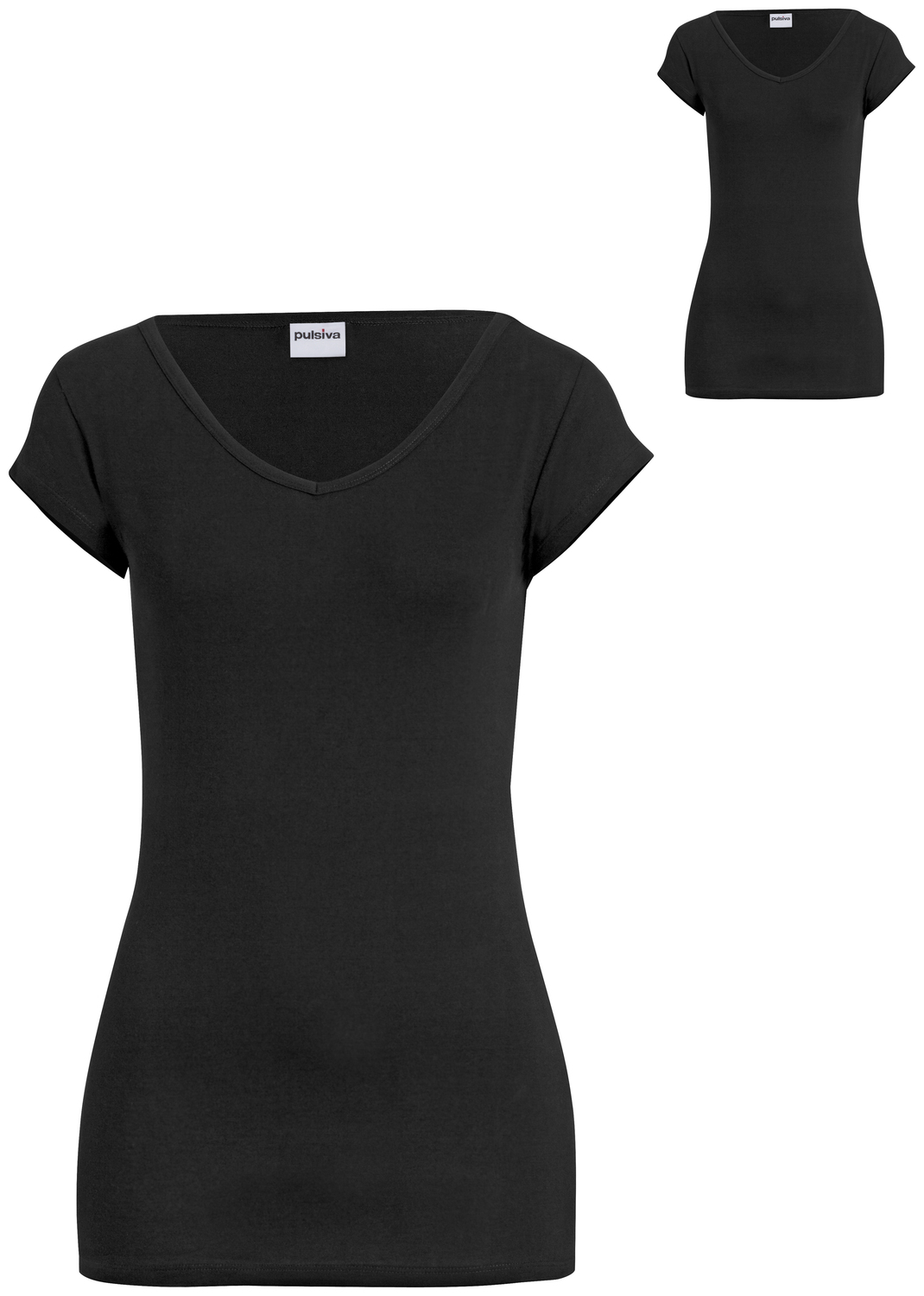 Set de 2 tricouri Pulsiva Double-V pentru femei, mărime XS, guler V, croială slim body-hugging din jersei de bumbac, 95% bumbac 5% spandex