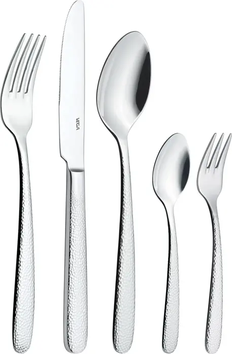 Set de 12 piese Furculite pentru Aperitive si Desert VEGA Martello, Otel Inoxidabil 18/10 Crom-Nichel, Finisaj Lucios cu Relief Cioplit, 18 cm, Argintiu