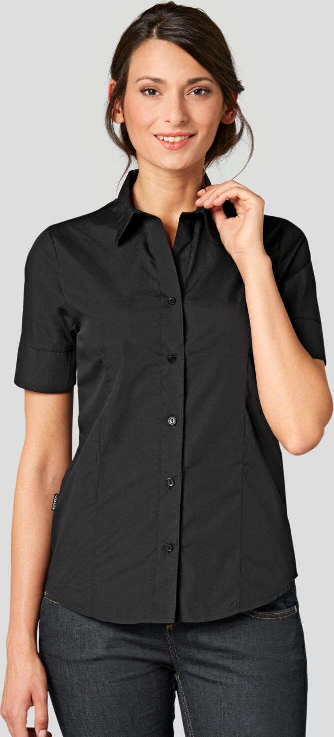 Jobeline Tabea Women's Blouse, Half Sleeve, 65% Polyester 35% Cotton, Easy-Care, Regular Fit, V-Neckline, Extra-Long Back, Black, Size 50