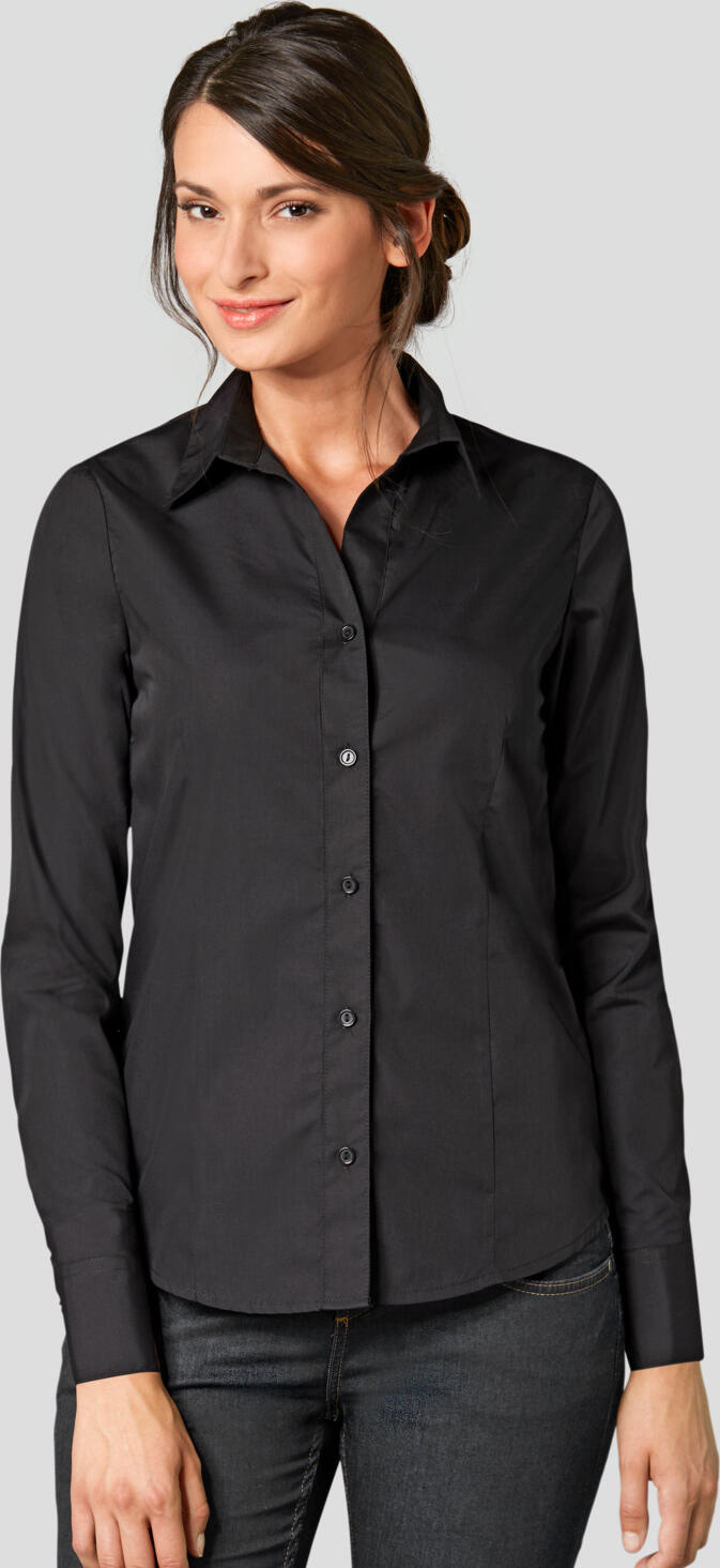 Jobeline Tabea Women's Long-Sleeved Blouse, Black, Size 42, 65% Polyester 35% Cotton, Regular Fit, Easy-Iron, Rounded Hem, Extra-Long Back