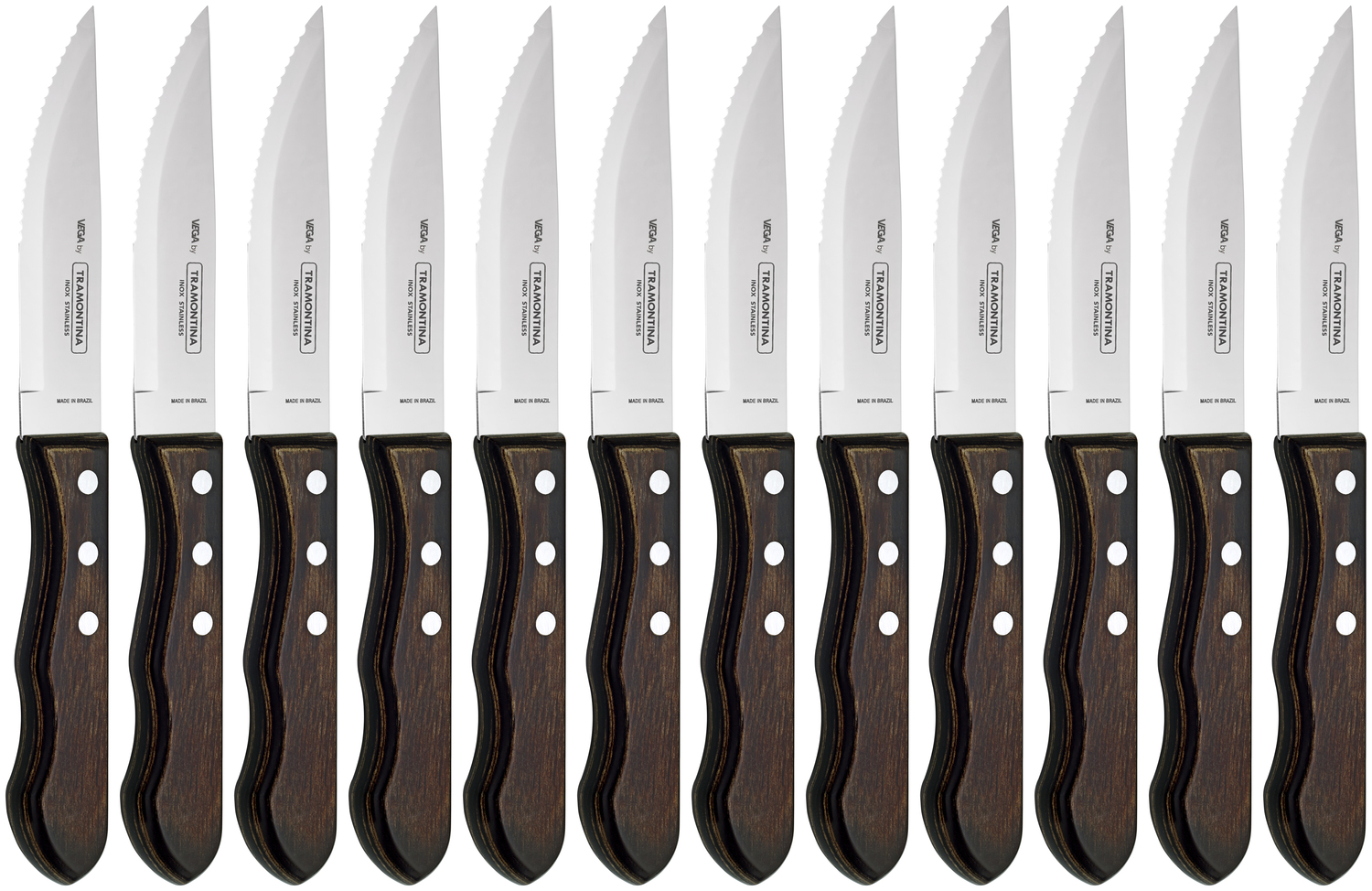 Set de 12 piese Cutite pentru friptura VEGA Picanha Jumbo, Lama din otel inoxidabil 13/0 AISI 420 zimtat, Maner Polywood maro, Lungime totala 25 cm