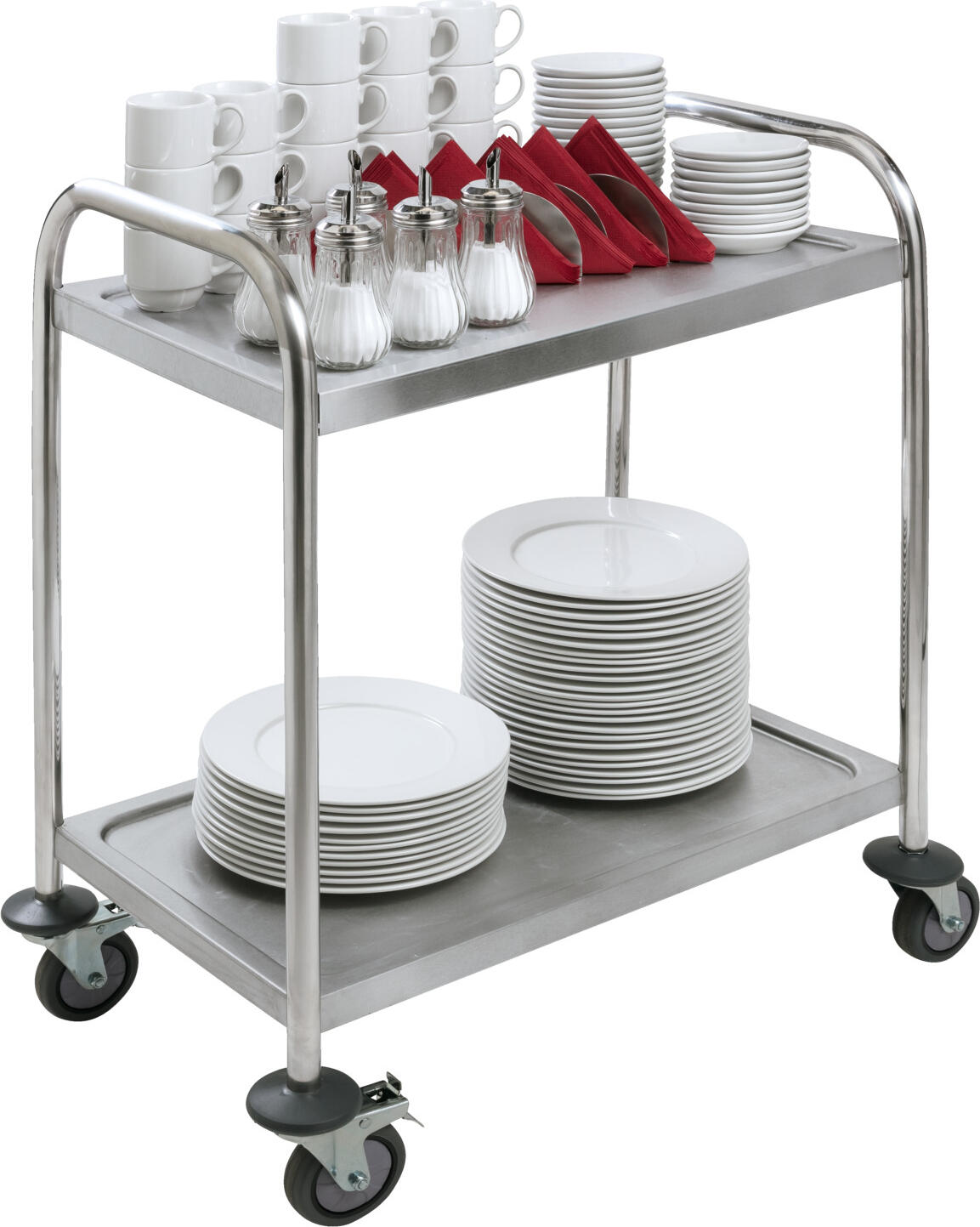 PULSIVA Smart 2BS Serving Trolley, Stainless Steel Rust-Proof 2-Shelf Cart, 41x71x81 cm, Silver, 80kg Total Load Capacity, Wheels with Brakes