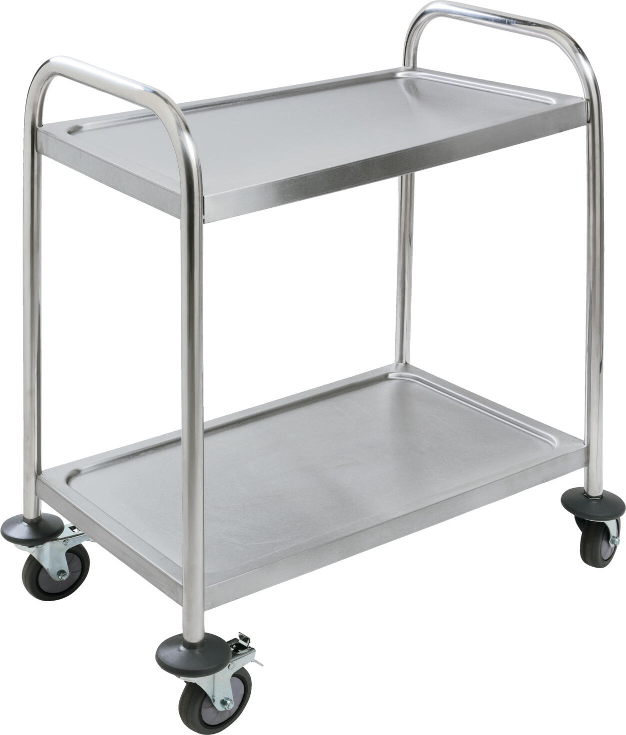 PULSIVA LUSINI Solutions GmbH Serving trolley Smart 2BS Servierwagen Smart 2BS Serving trolley Smart 2BS; 41x71x81 cm (WxDxH); silver Servierwagen Smart 2BS; 41x71x81 cm (BxTxH); silber Practical stainless steel service trolley. Two shelves, each with two side supports. Frame made of sturdy round tubing, smooth-running wheels with wall deflectors, two of which have parking brakes. Load capacity per shelf 40 kg, service trolley 80 kg. Praktischer Servierwagen aus Edelstahl, rostfrei. Zwei Borde mit je zwei Seitenhalt-Verstrebungen. Gestell aus stabilem Rundrohr, leichtgängige Räder mit Wandabweisern, davon zwei mit Feststellbremse. Traglast pro Zwischenboden 40 kg, Servierwagen 80 kg.